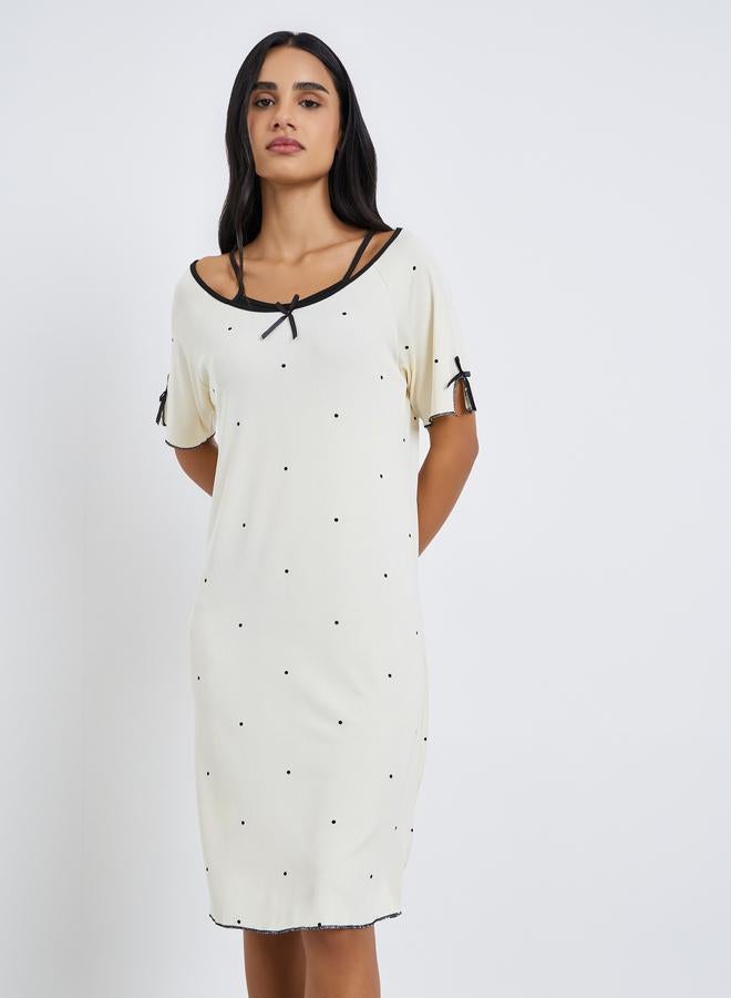 Styli Dot Print Bow Detail Nightdress - Image 1